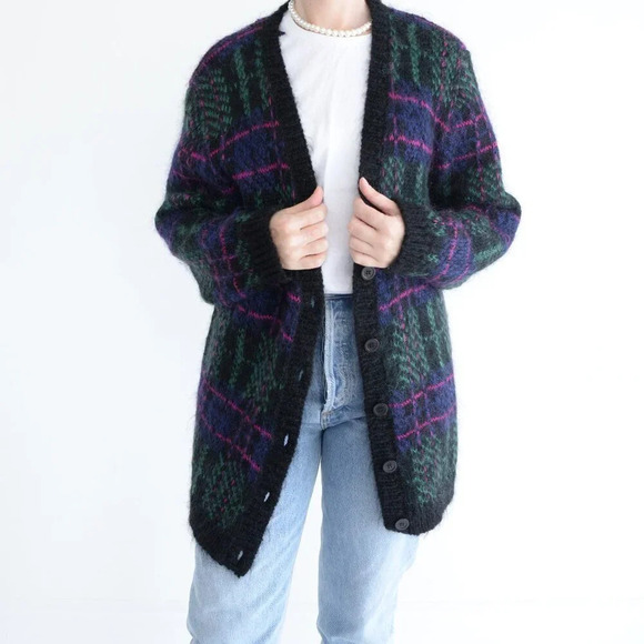 Vintage 90 Heritage House Navy And Pink 63% Mohair Wool Knit Button Up Sweater M - Picture 2 of 14